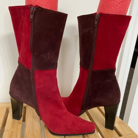 Stuart Weitzman Two-Tone Red and Brown Suede Mid-Calf Block Heel Zip Boots Rare